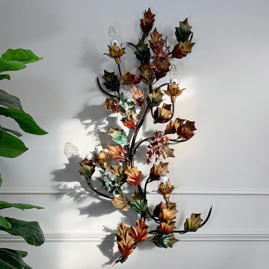 Exceptional Italian Hand Painted Holly Leaf Wall Sconce of Huge Scale