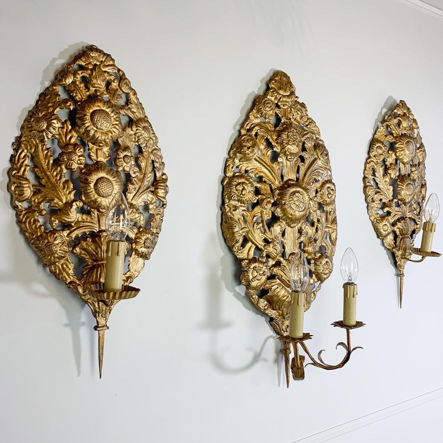 Set of 3 Gold Repousse Baroque Wall Sconces