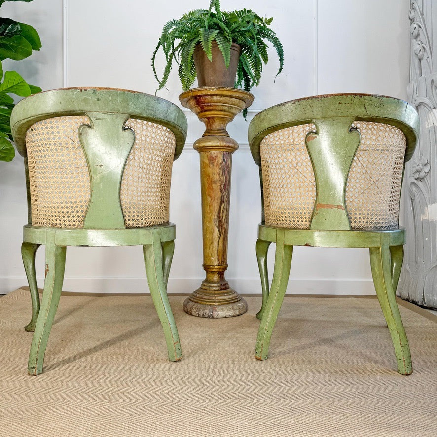 Pair of 19th Century Green Queen Anne Revival Chinoiserie Bergere Chairs