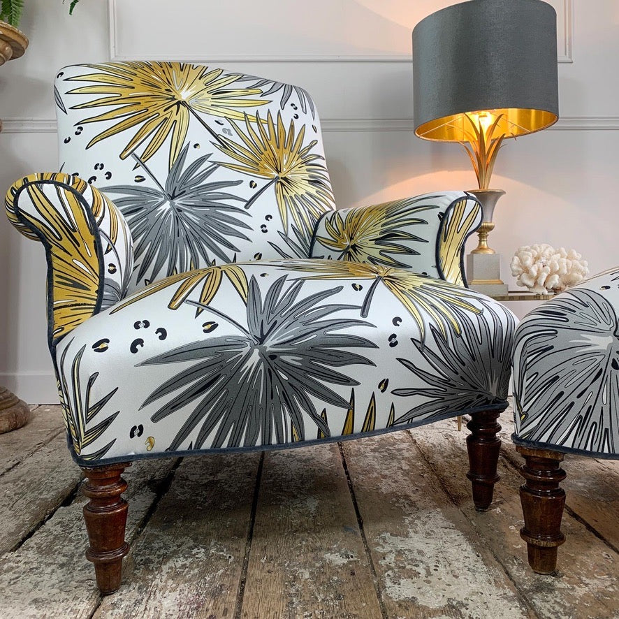19th Century French Napoleon lll Armchair and Footstool in Tropics 'Fan Palm' Fabric