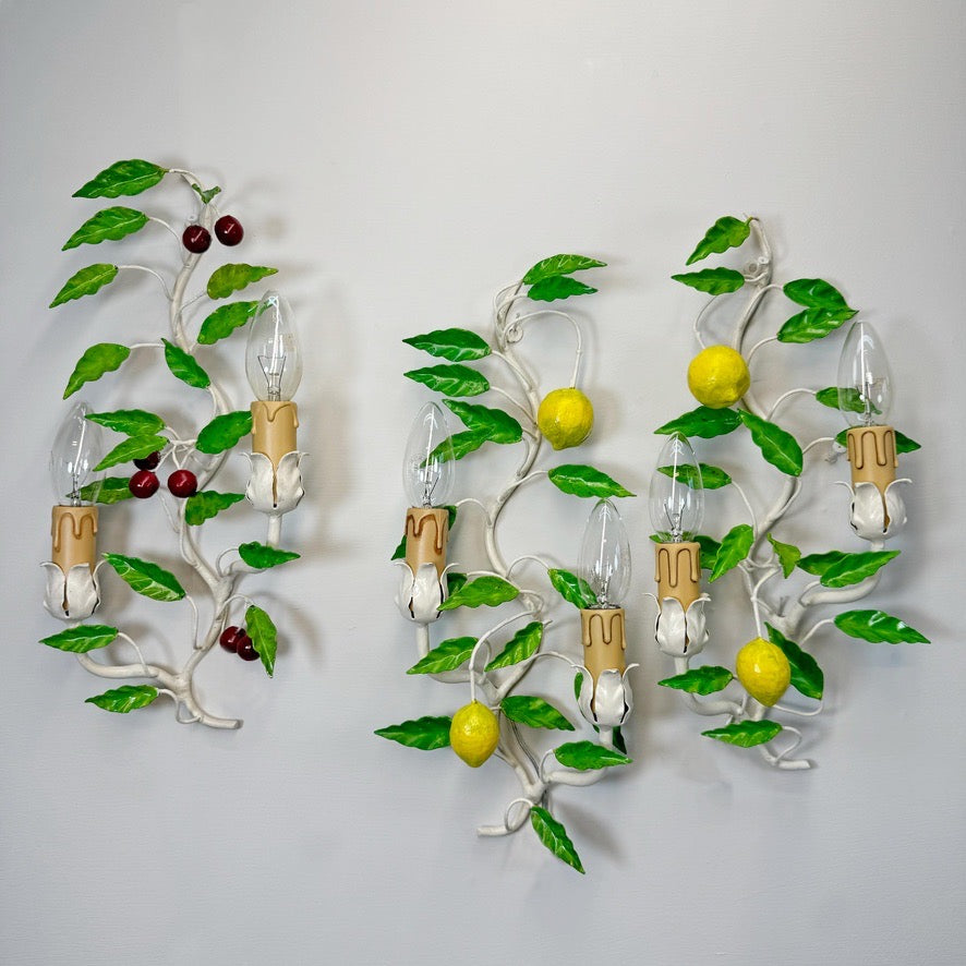 Italian Lemon and Cherries Tole Wall Lights Set of 3