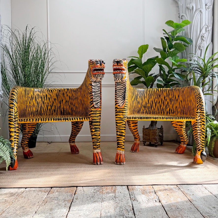 Vintage Pair of Indian Polychrome-Decorated Tiger Throne Chairs