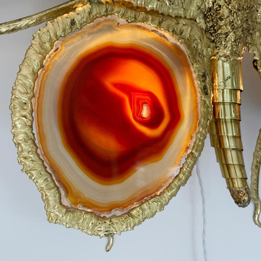Isabelle Faure Signed Illuminated Gold Butterfly Sculpture in Brass and Agate