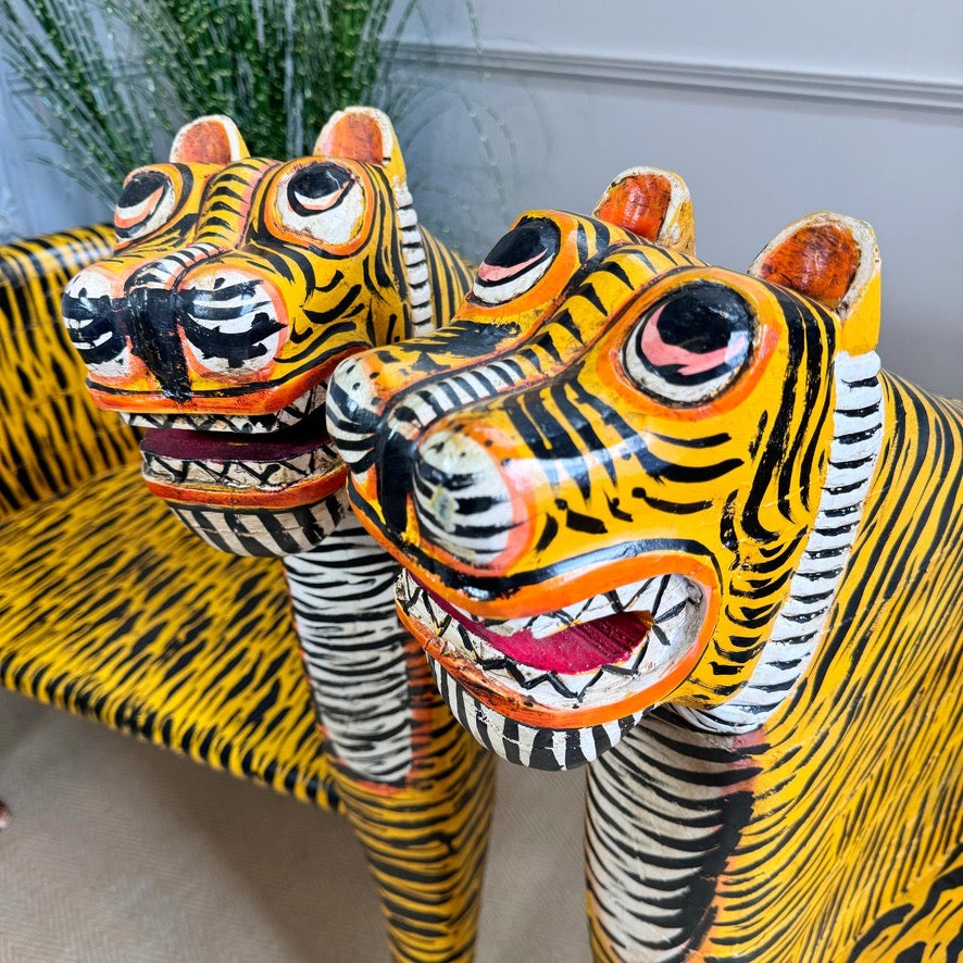 Vintage Pair of Indian Polychrome-Decorated Tiger Throne Chairs