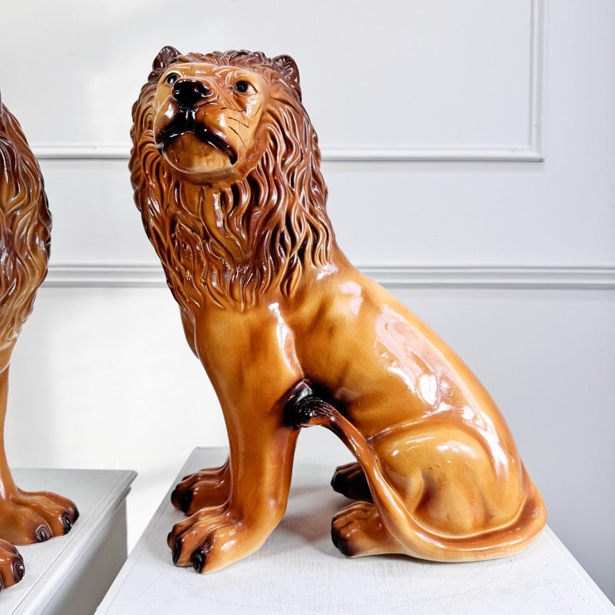 Pair of Staffordshire Pottery Lions