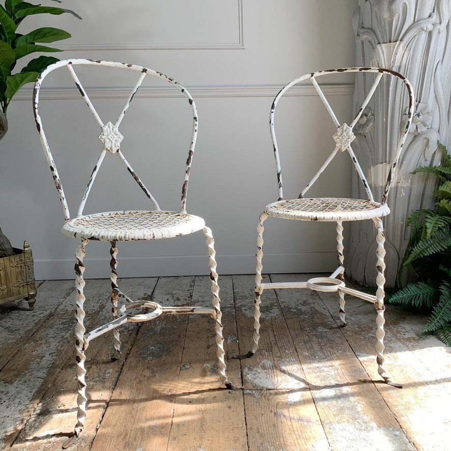 Superb pair of Rare White Tri-Legged Regency Wrought Iron Chairs