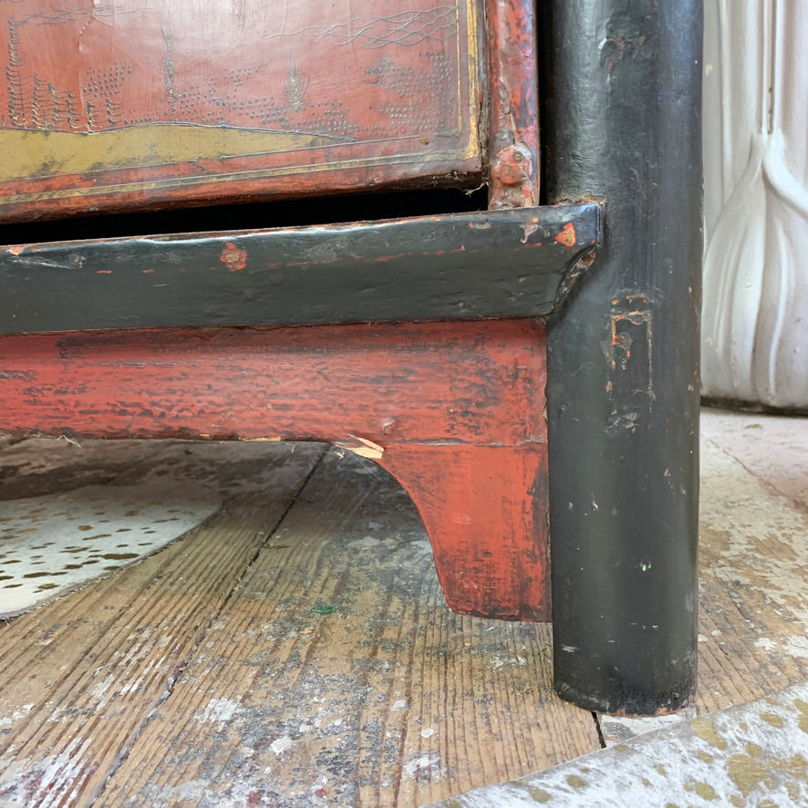 19th C Crimson Red On Black, Chinoiserie Cabinet