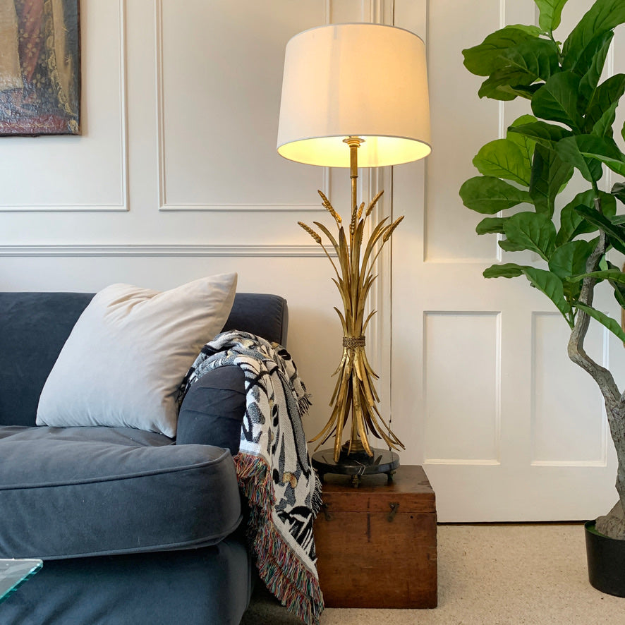 Magnificent Large Gold Italian Wheat Sheaf Table Lamp on Marble Base