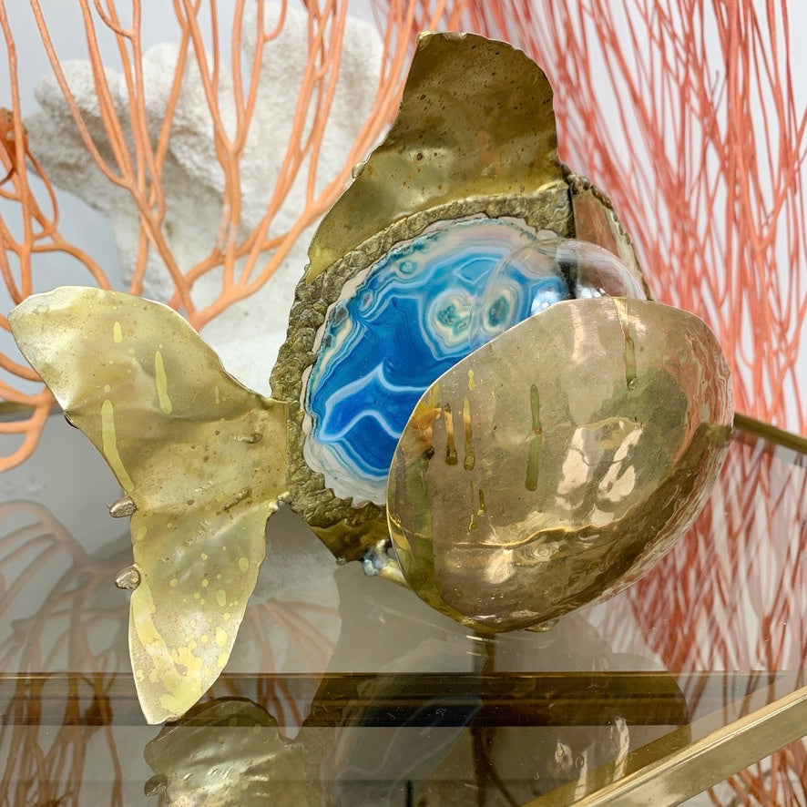 Jacques Duval-Brasseur Illuminated Blue Agate Gold Fish Lamp