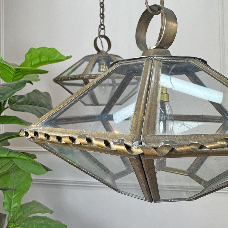 Pair of French Brass and Glass Art Deco Pendant Lights