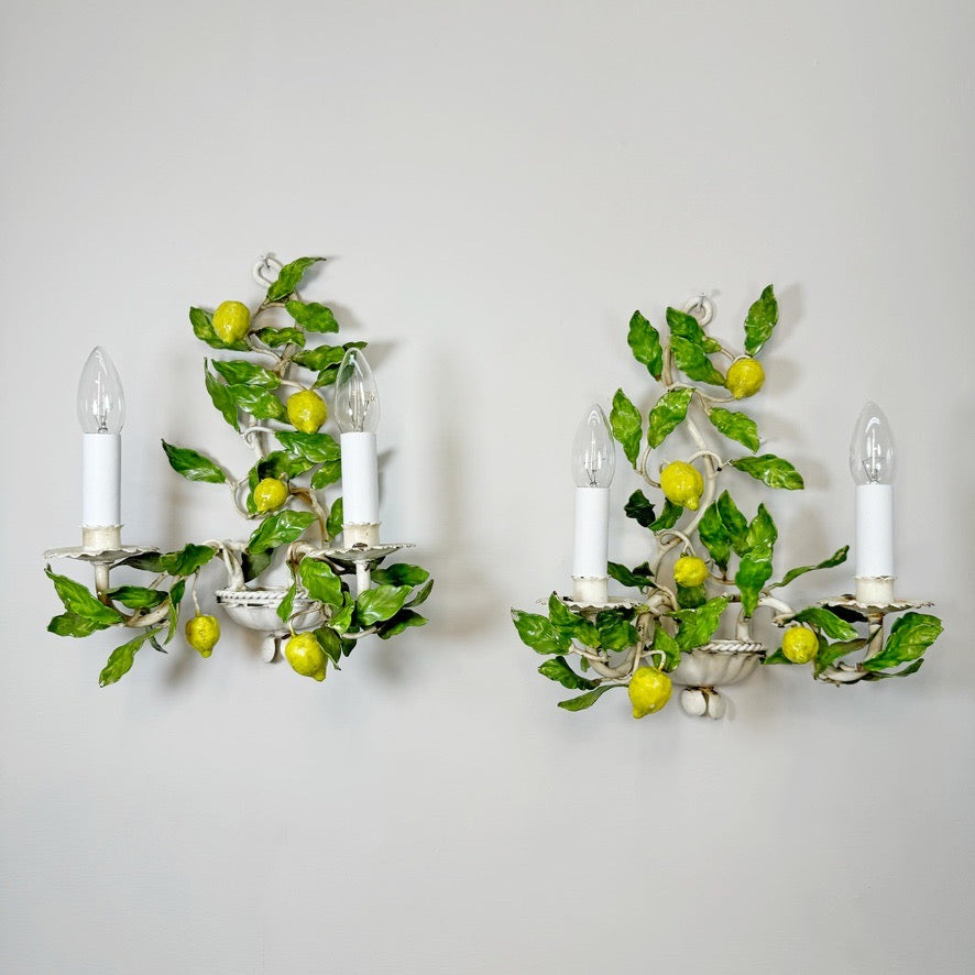 Pair of Amalfi Tole Lemon Wall Lights Italy 1950's