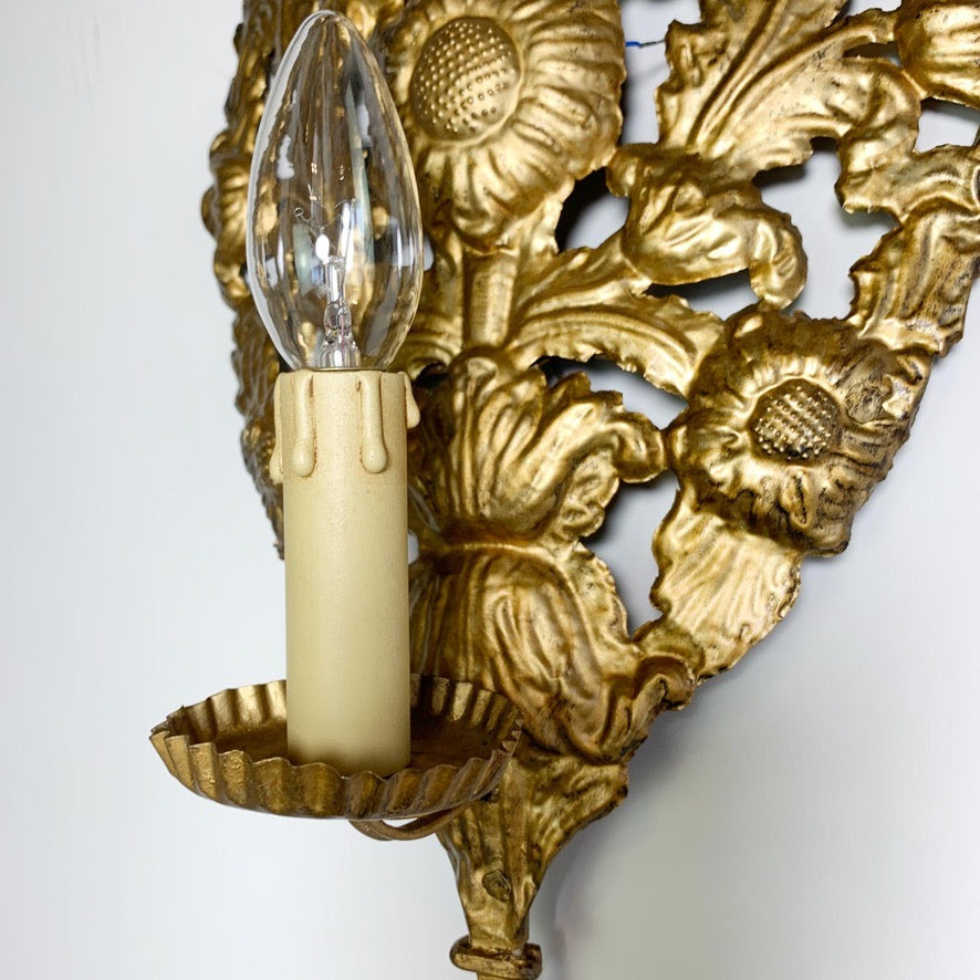 Set of 3 Gold Repousse Baroque Wall Sconces