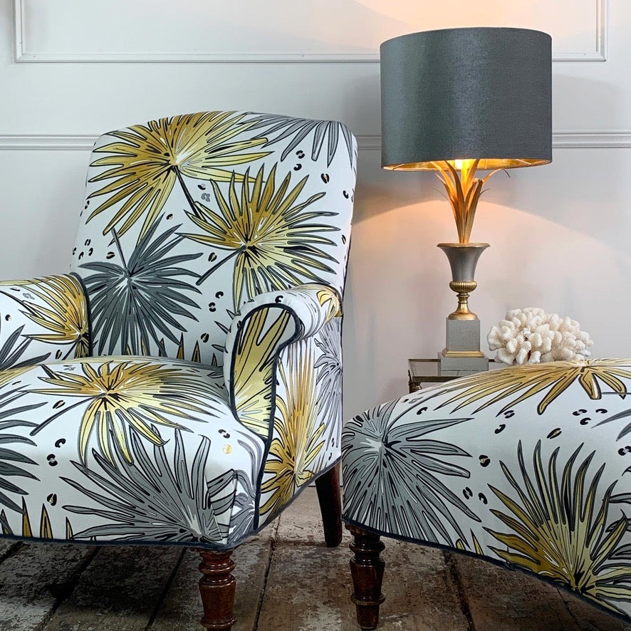 19th Century French Napoleon lll Armchair and Footstool in Tropics 'Fan Palm' Fabric