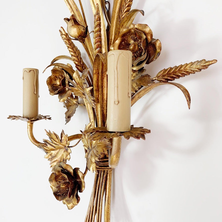 S.Salvadori Gold Wheat Sheaf Sconce Light 1970's