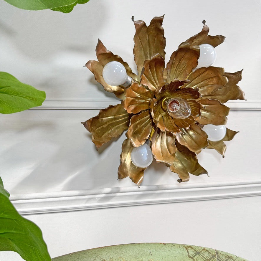 Mid Century Brutalist Copper and Brass Flower Ceiling Light
