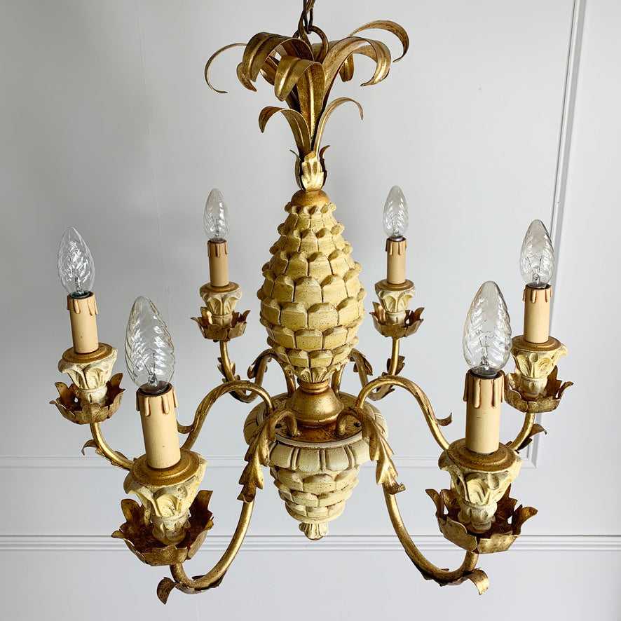 Italian Carved Wood Pineapple Chandelier 1970's