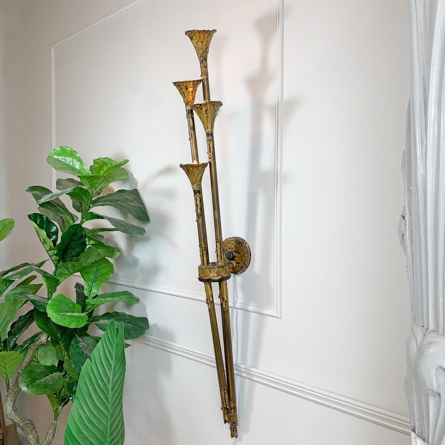 Brutalist Gold Lotus Torchiere Wall Light by Tom Greene for Feldman 1970's