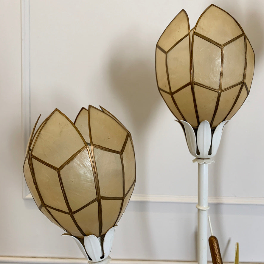 1980's White Bamboo & Bulrush Floor Lamp With Shell Shades