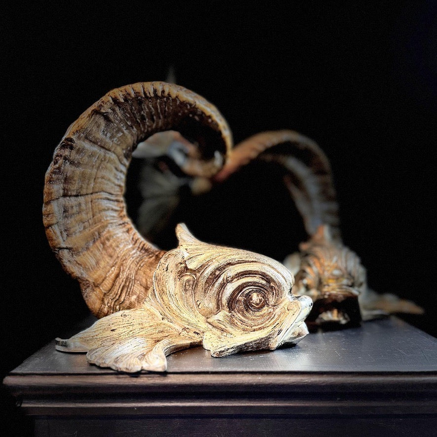 Gabriella Crespi 'Coppia di Delfini' Pair of Rams Horn and Silvered Bronze Mythical Dolphins Each Signed to Base