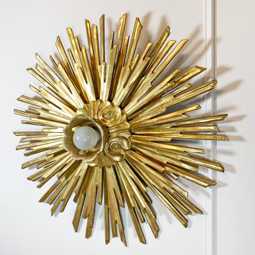 Large Water Gilded Gold Wooden Chapel Sunburst Flush Light