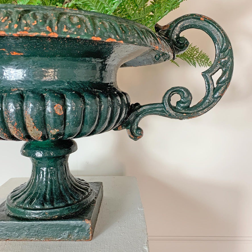 19th C French Green Cast Iron Urn With Decorative Handles