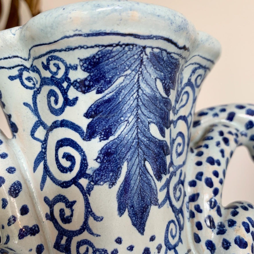 Late 18th Century Delft Style Blue and White Bacchus Serpent Handled Vase