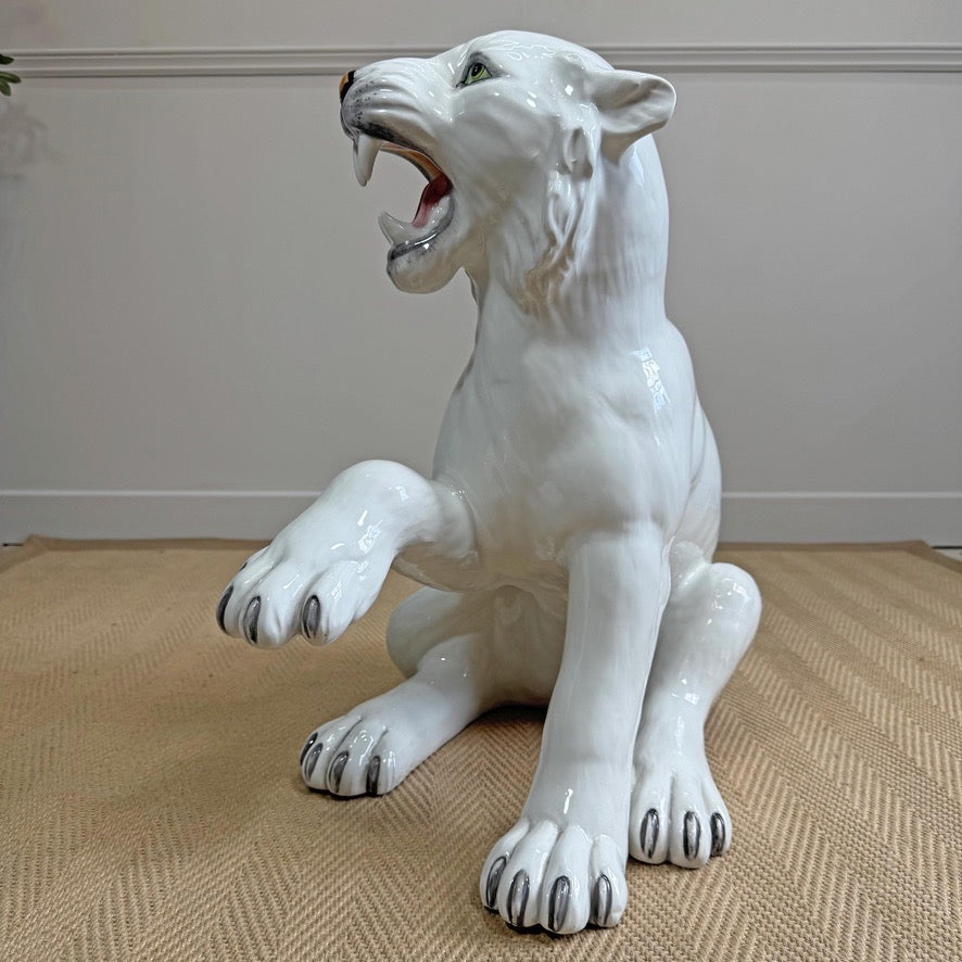 20th Century Italian Ceramic White Tiger Statue