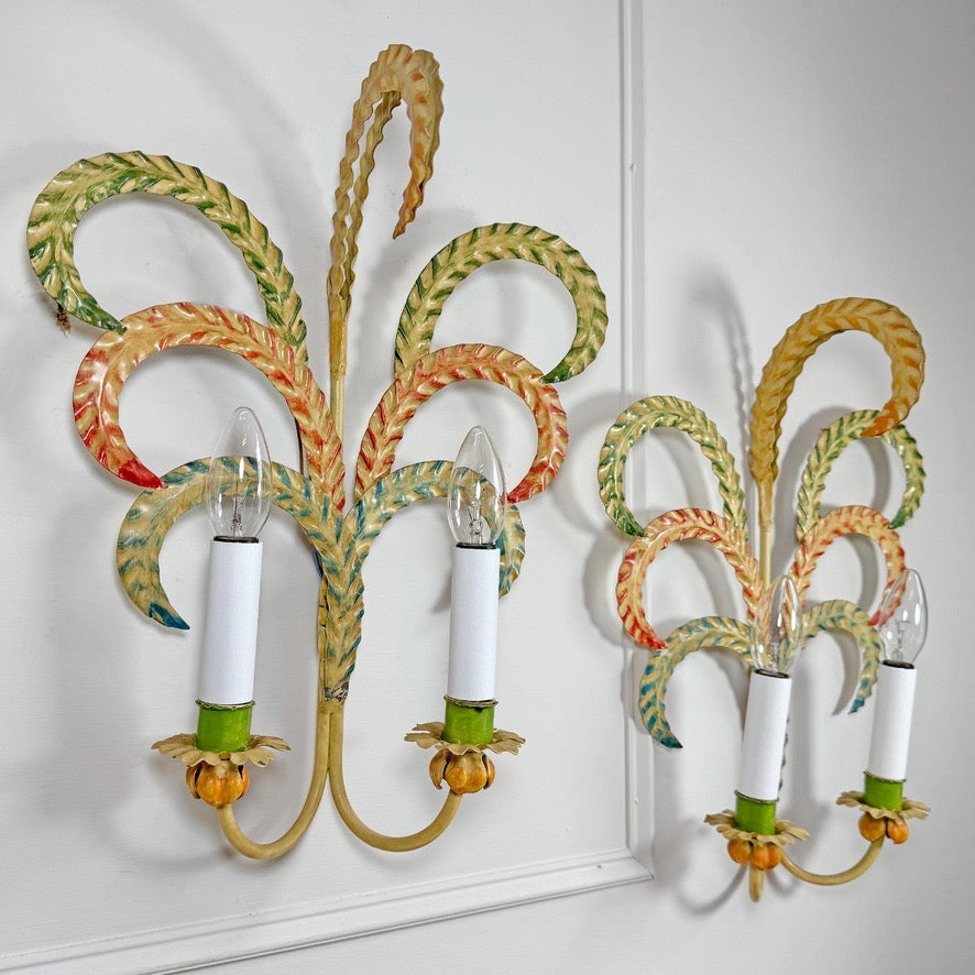 1970's Polychrome Feather Frond Wall Lights