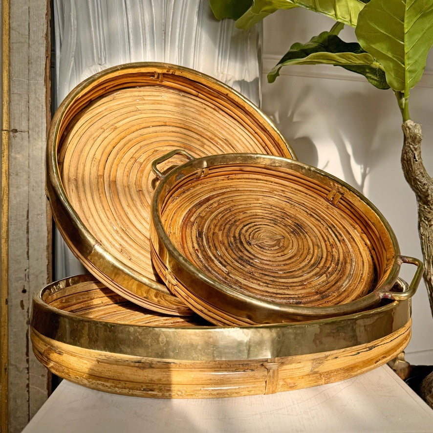 Gabriella Crespi Style Pencil Reed Banded Trays Set of 3