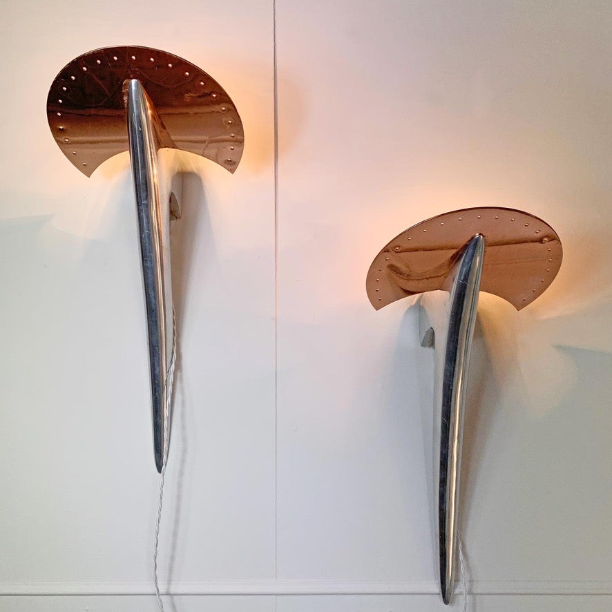 Pair of Copper & Silver Alien Wall Lights designed by Joan Auger