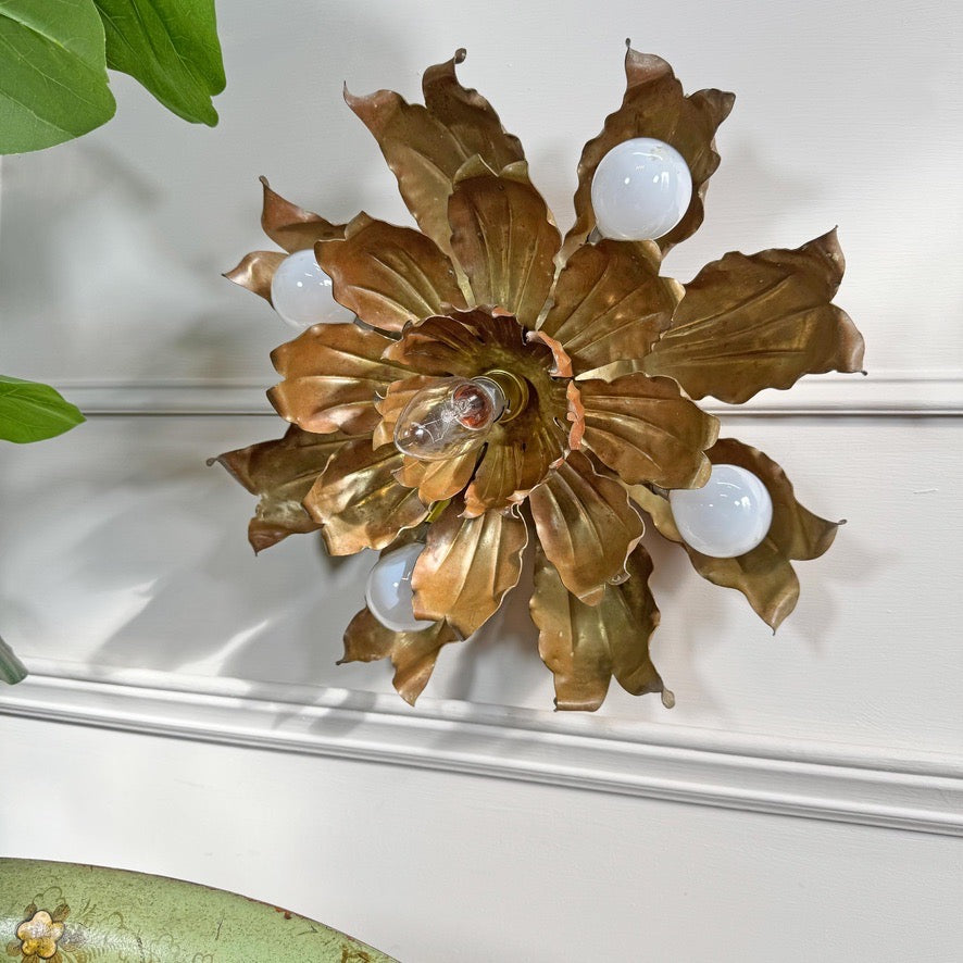 Mid Century Brutalist Copper and Brass Flower Ceiling Light