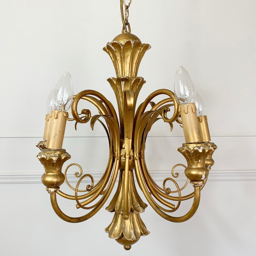 Italian Gold Wooden Scroll Chandelier 1960's