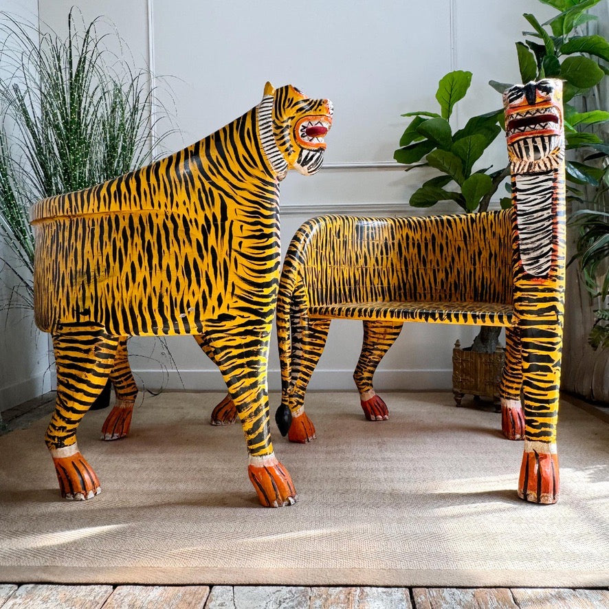 Vintage Pair of Indian Polychrome-Decorated Tiger Throne Chairs