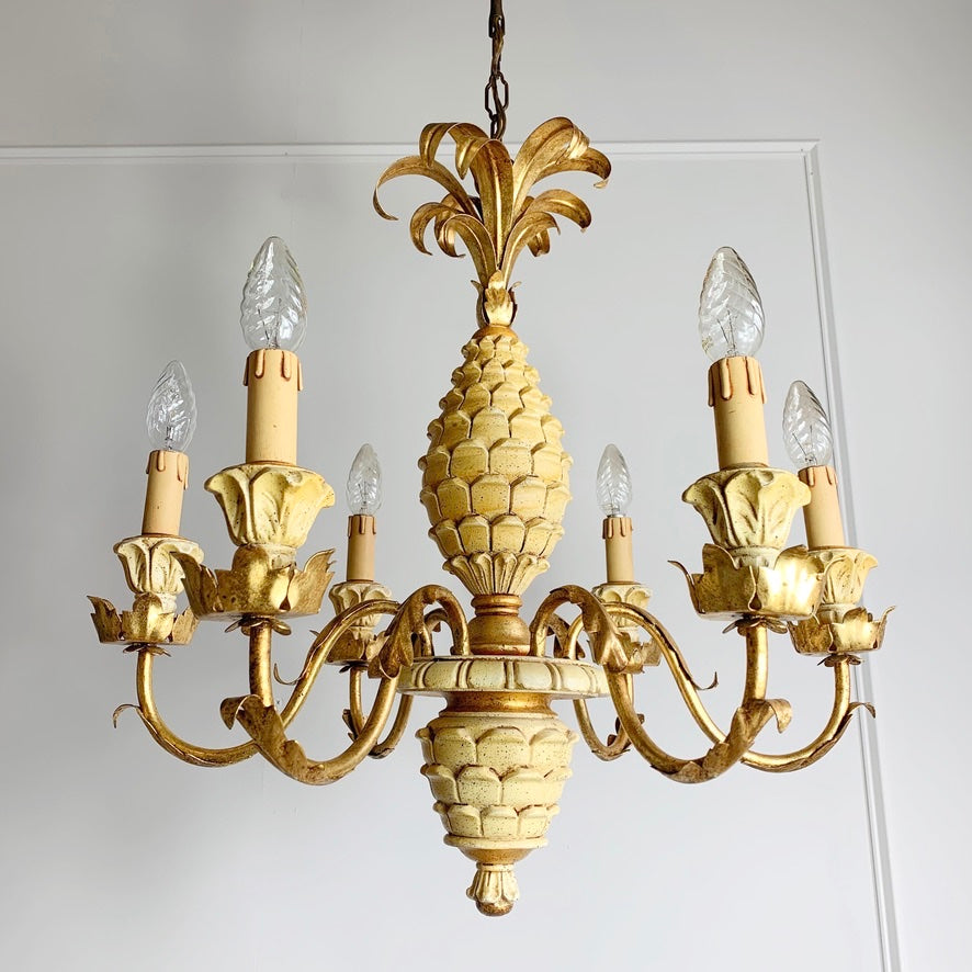 Italian Carved Wood Pineapple Chandelier 1970's
