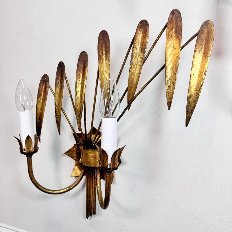 Vintage Pair of Ferro Art Gold Leaf Wall Lights