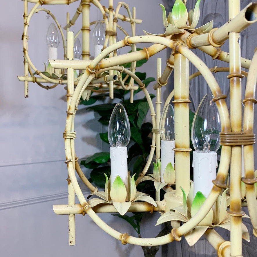 Pair of Faux Bamboo Pagoda Chandeliers Italy 1950's
