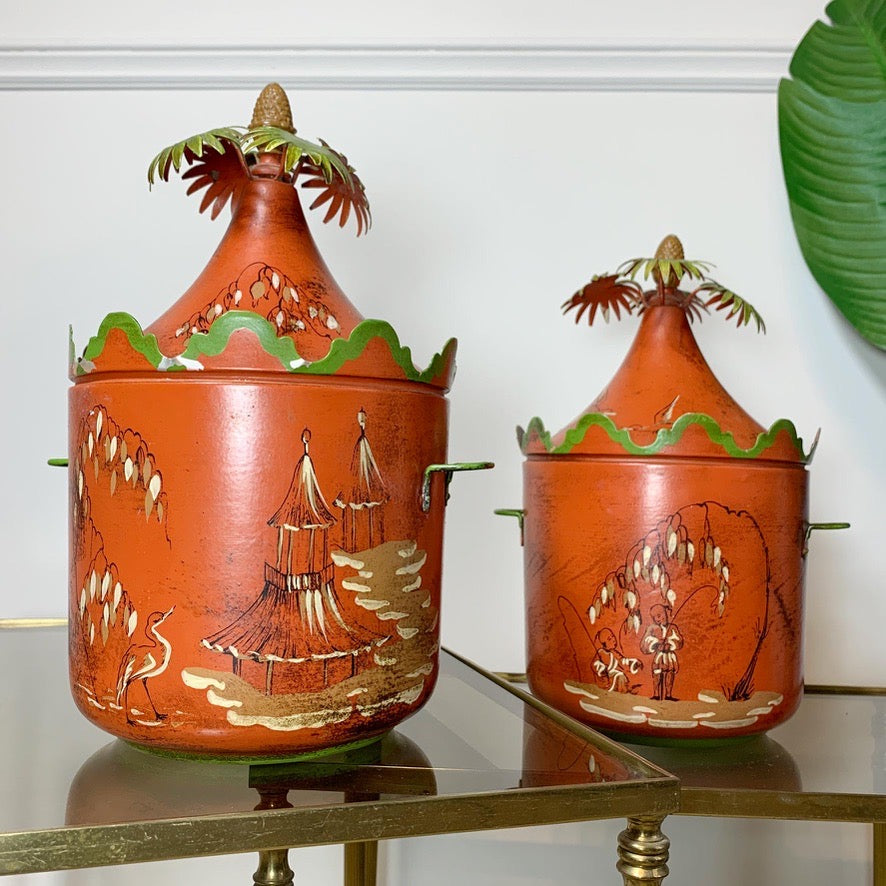 Red Italian Hand Painted Chinoiserie Ice Buckets 1950's