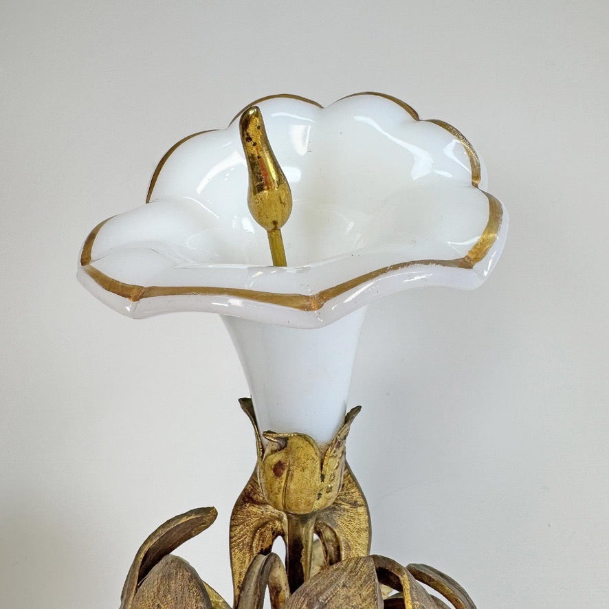 RW Winfield Art Nouveau Opaline and Brass Flower Wall Sconces 1845
