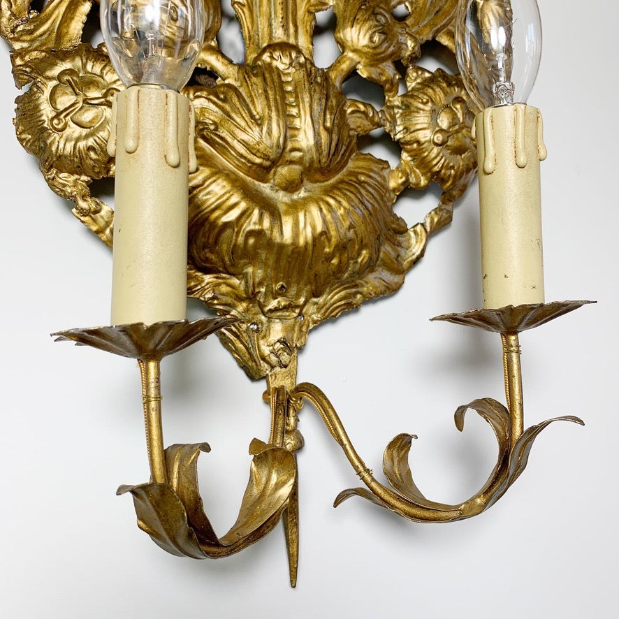 Set of 3 Gold Repousse Baroque Wall Sconces