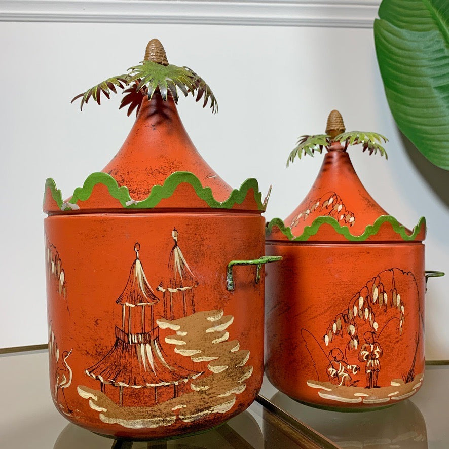 Red Italian Hand Painted Chinoiserie Ice Buckets 1950's
