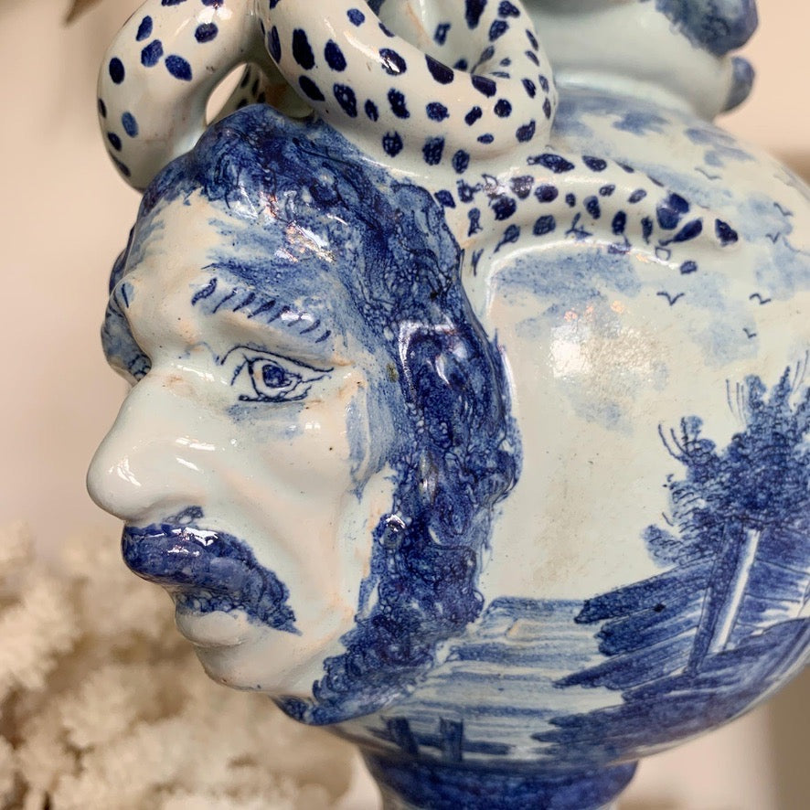 Late 18th Century Delft Style Blue and White Bacchus Serpent Handled Vase