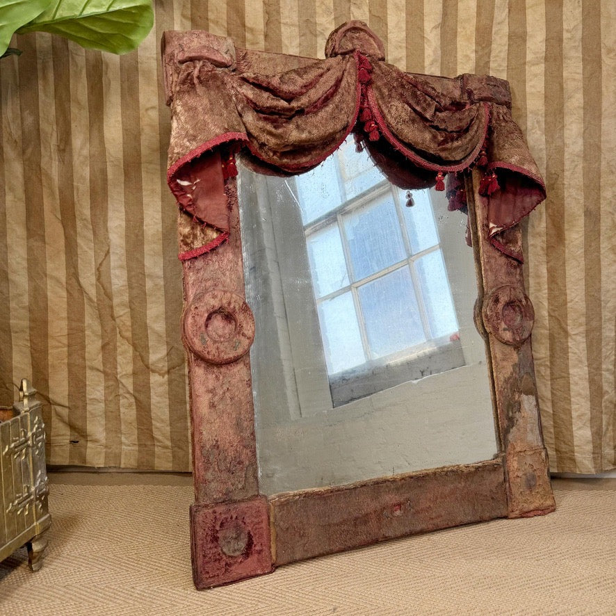 Theatrical Burgundy Antique Velvet Mirror with Drapes and Swags 19th Century