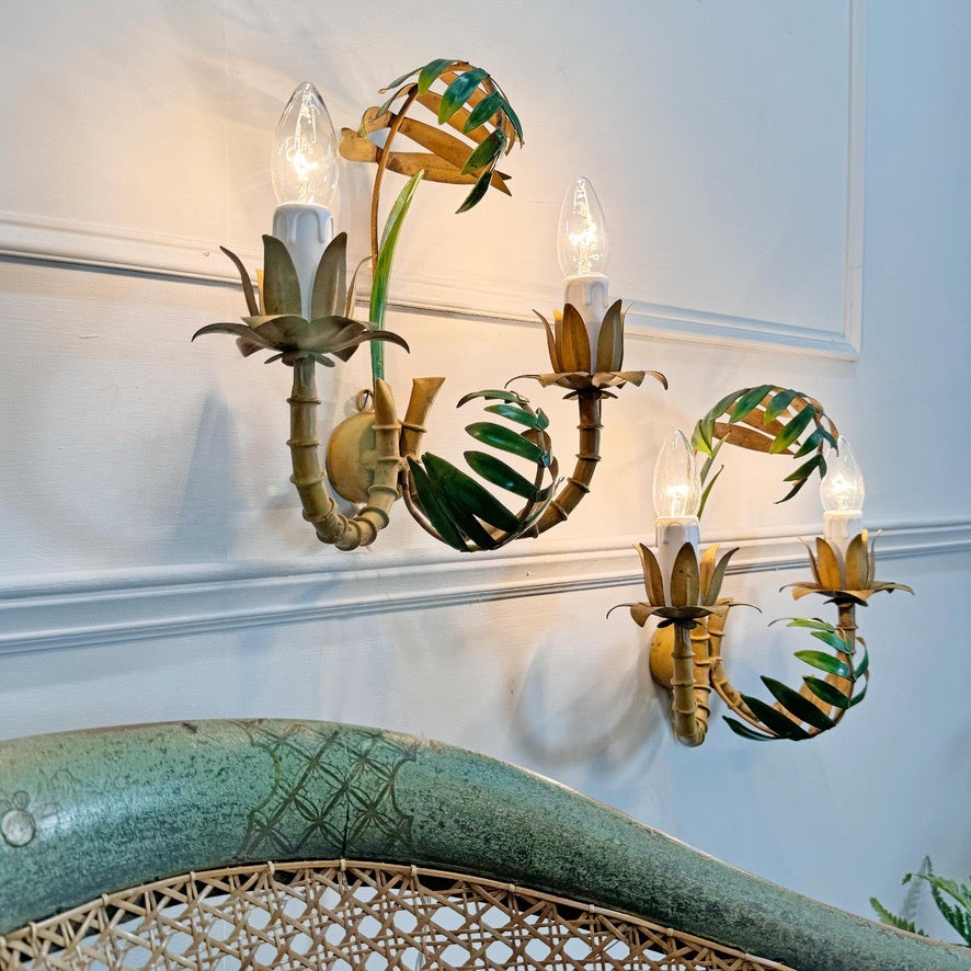 Vintage Pair of Faux Bamboo Palm Wall Lights 1950's Italian