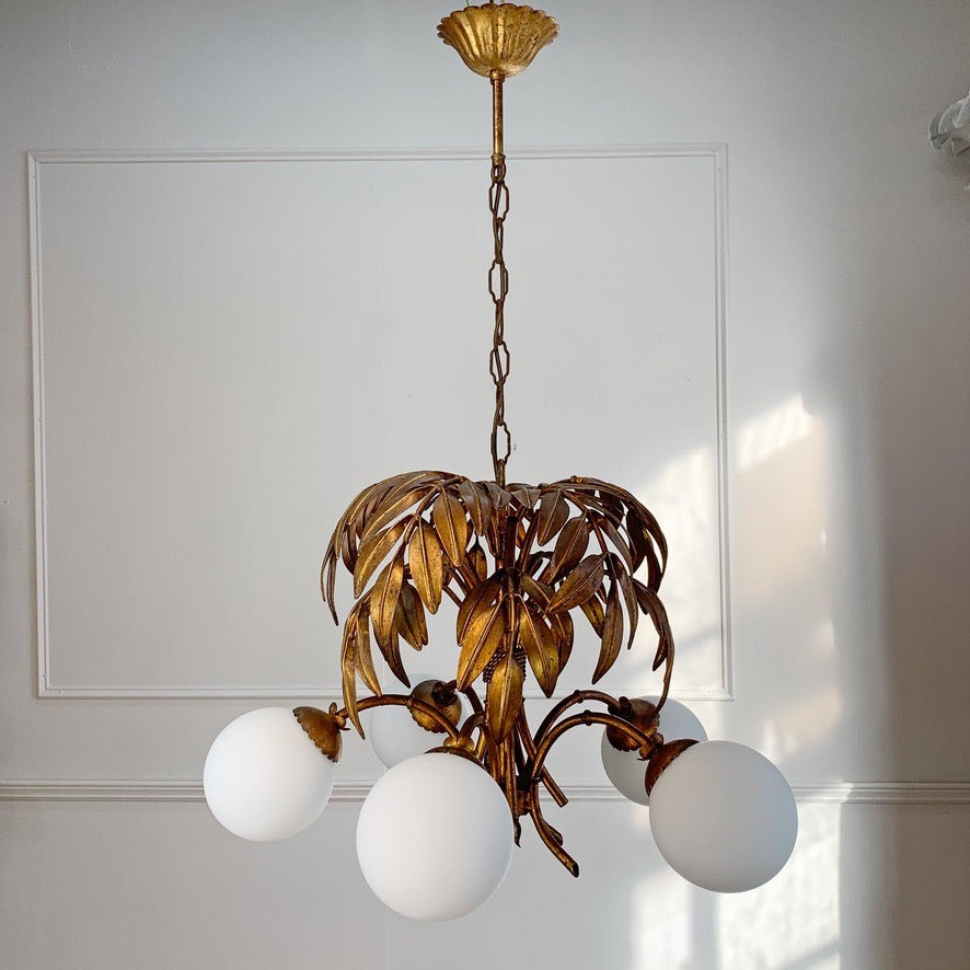 Hans Kogl Gilt Faux Bamboo Chandlier with Glass Globes