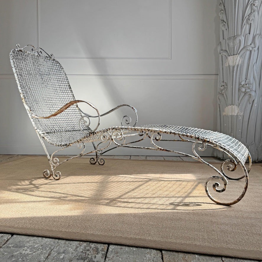 Antique Wrought Iron and Wirework Garden Lounger