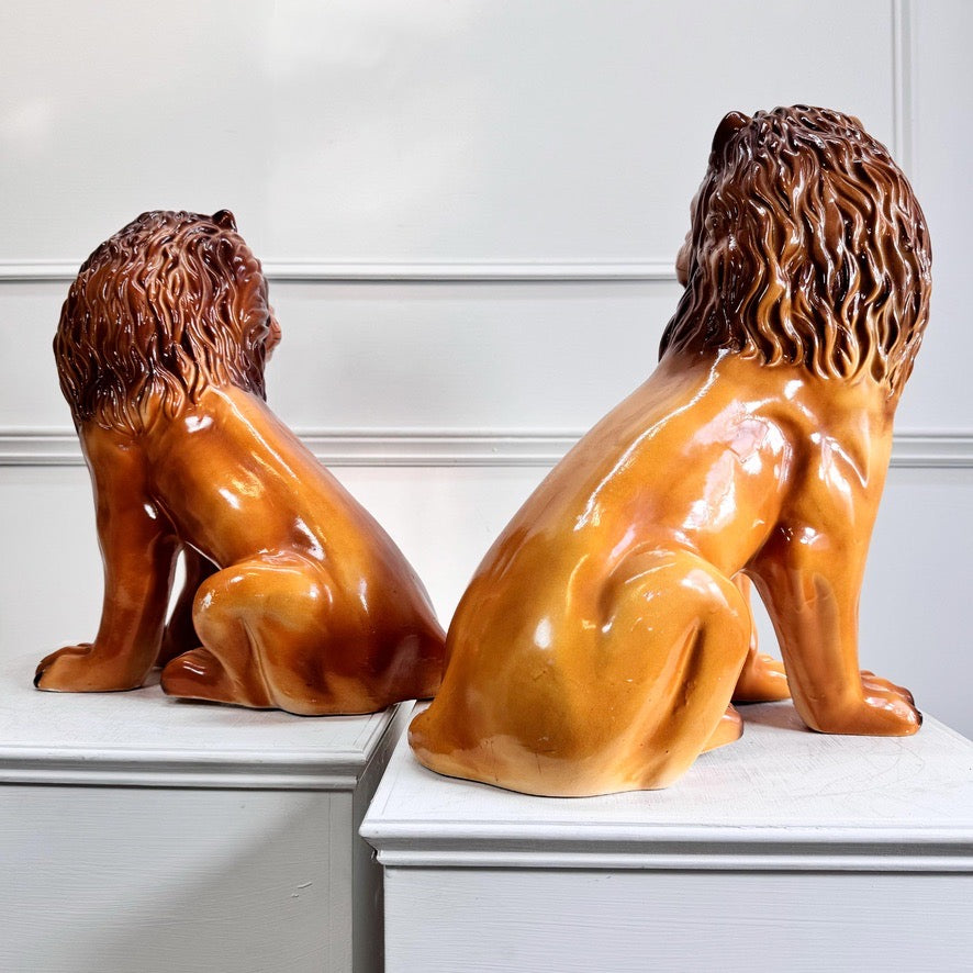 Pair of Staffordshire Pottery Lions
