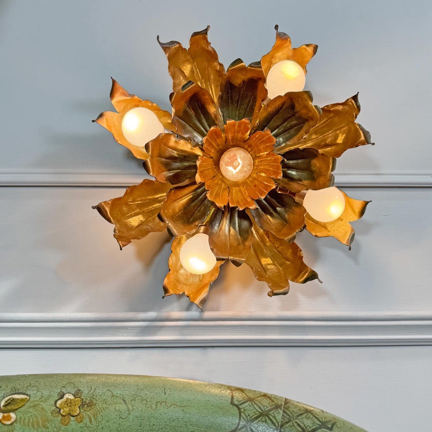 Mid Century Brutalist Copper and Brass Flower Ceiling Light
