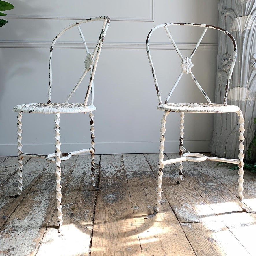 Superb pair of Rare White Tri-Legged Regency Wrought Iron Chairs