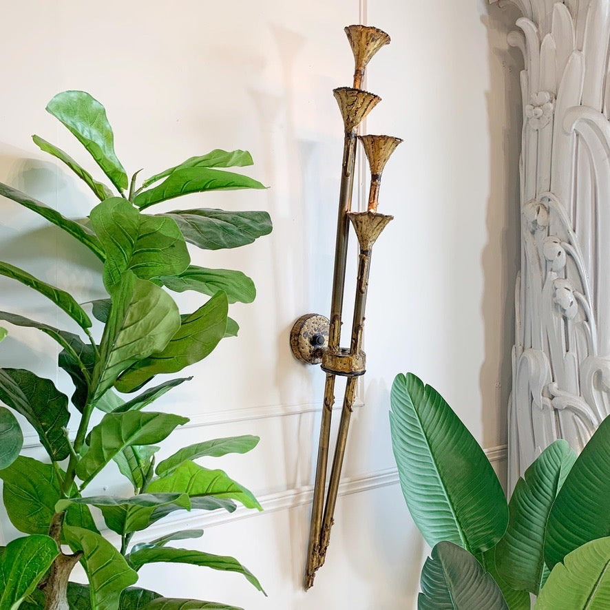 Brutalist Gold Lotus Torchiere Wall Light by Tom Greene for Feldman 1970's