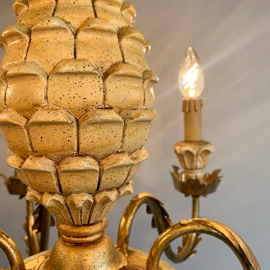 Italian Carved Wood Pineapple Chandelier 1970's